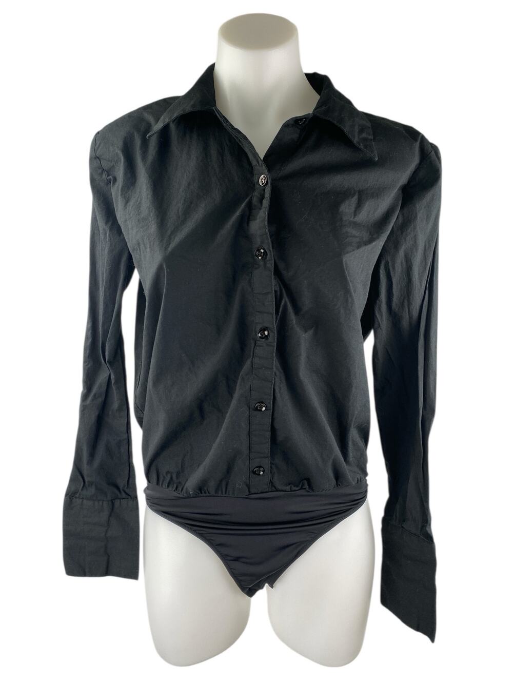 WeWoreWhat Women's Black Collared Long Sleeve Button Down Bodysuit Shirt Top M